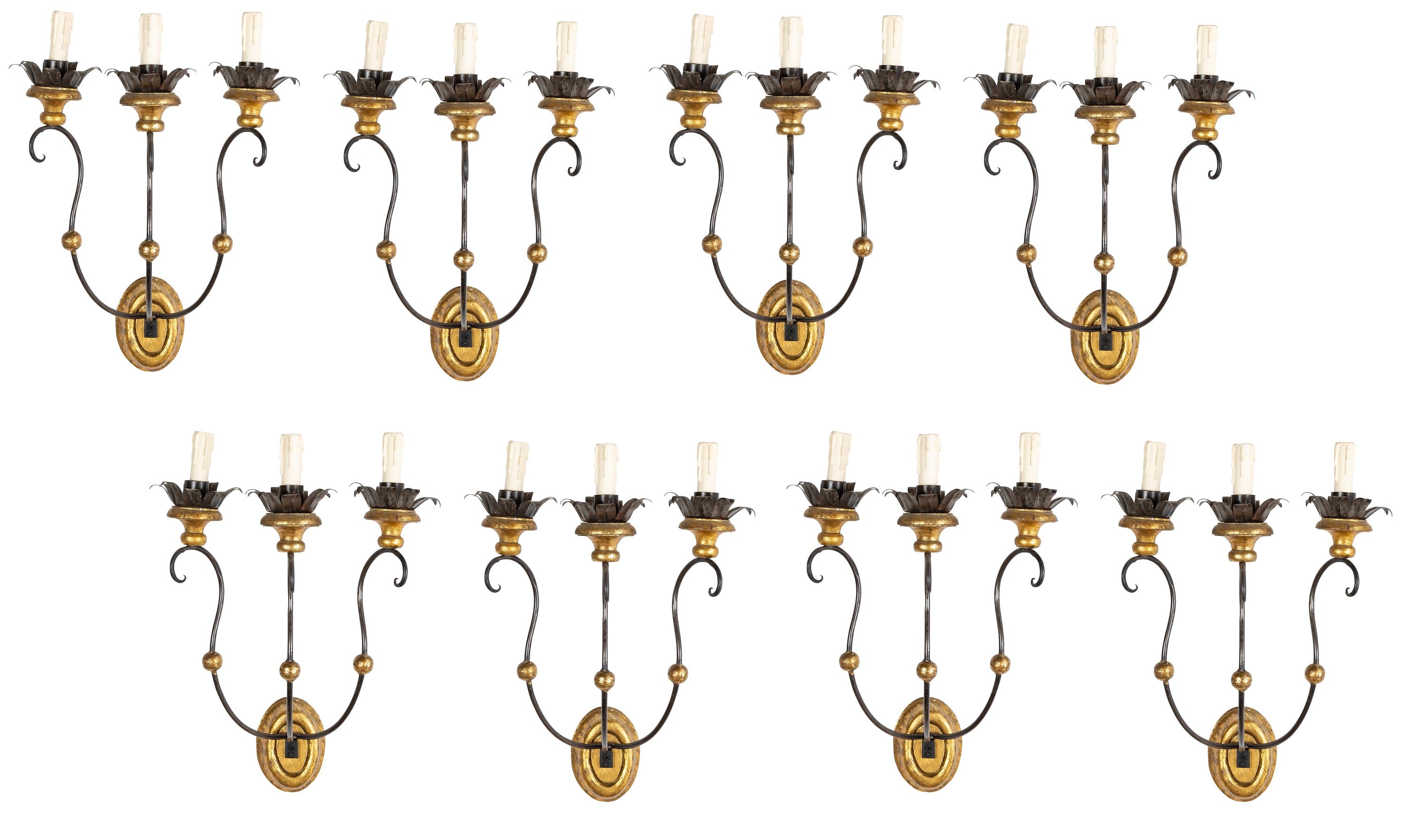 Set of Eight of Italian Iron Tole and Gilt Wood Sconces Priced per Pair