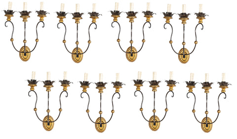 Set of Eight of Italian Iron Tole and Gilt Wood Sconces    Priced per Pair