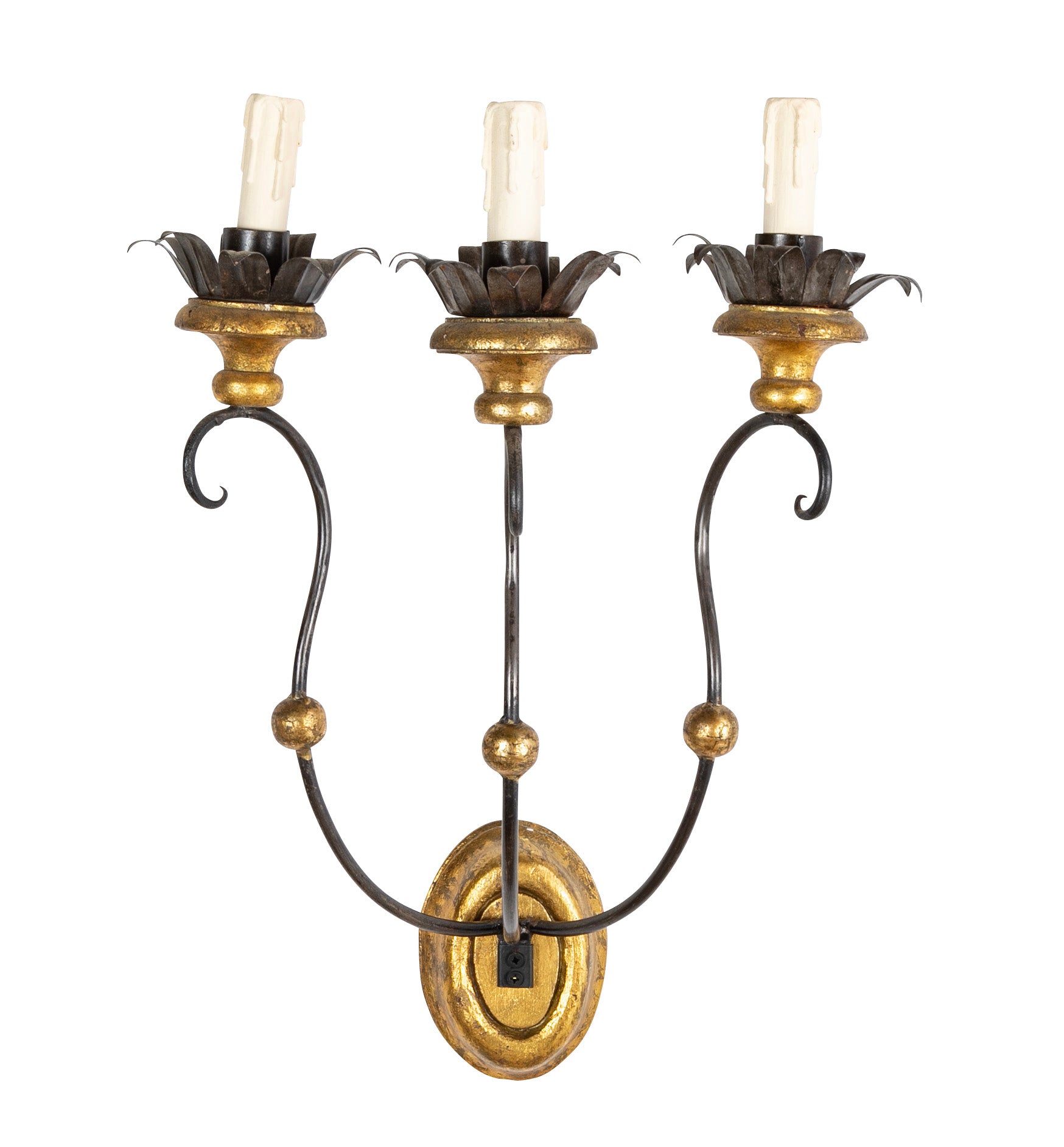 Set of Eight of Italian Iron Tole and Gilt Wood Sconces Priced per Pair
