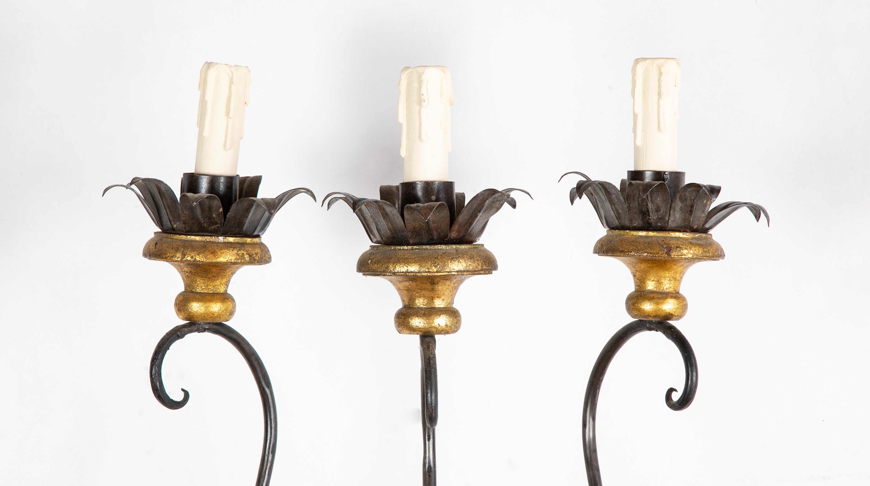 Set of Eight of Italian Iron Tole and Gilt Wood Sconces Priced per Pair