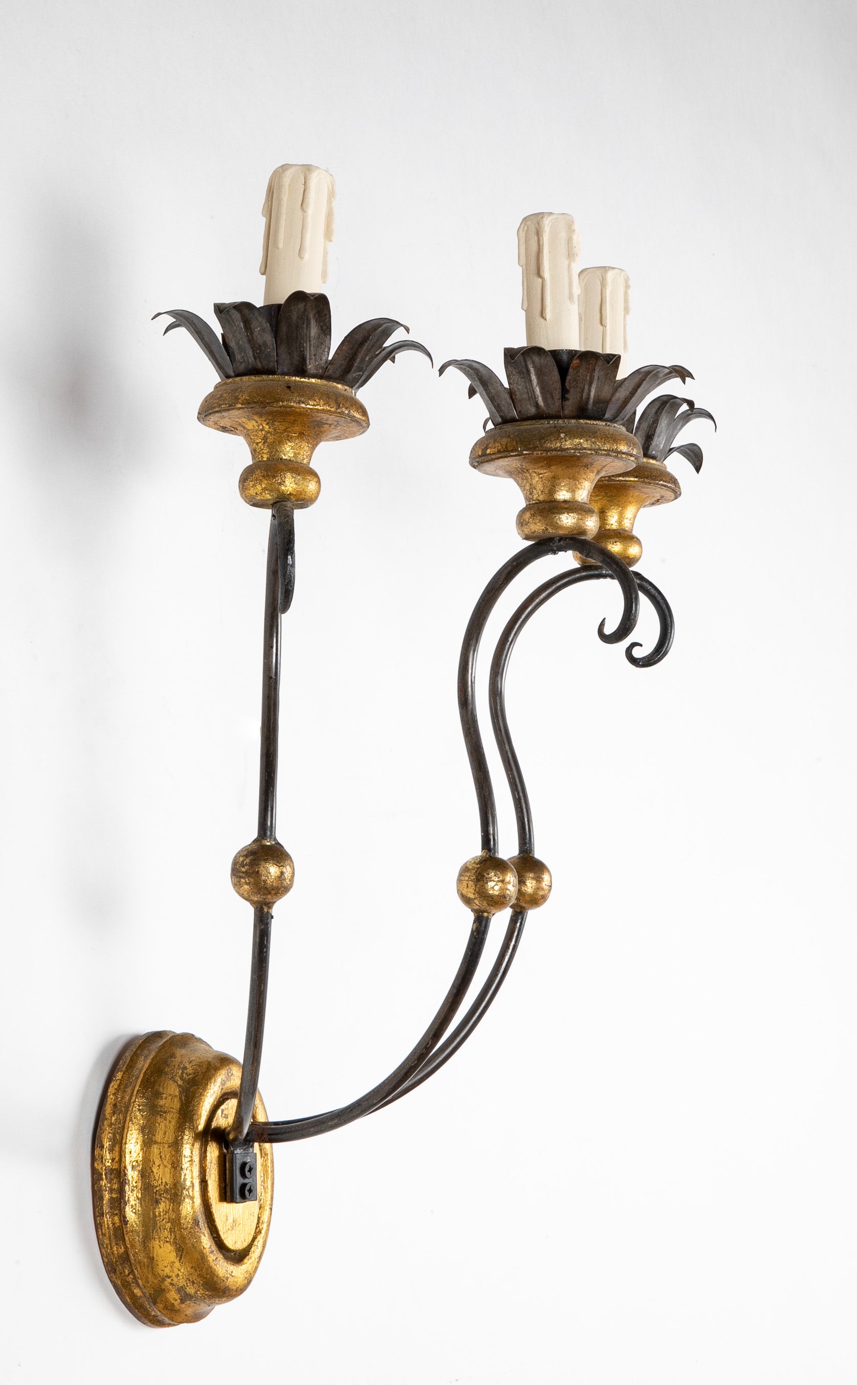 Set of Eight of Italian Iron Tole and Gilt Wood Sconces Priced per Pair