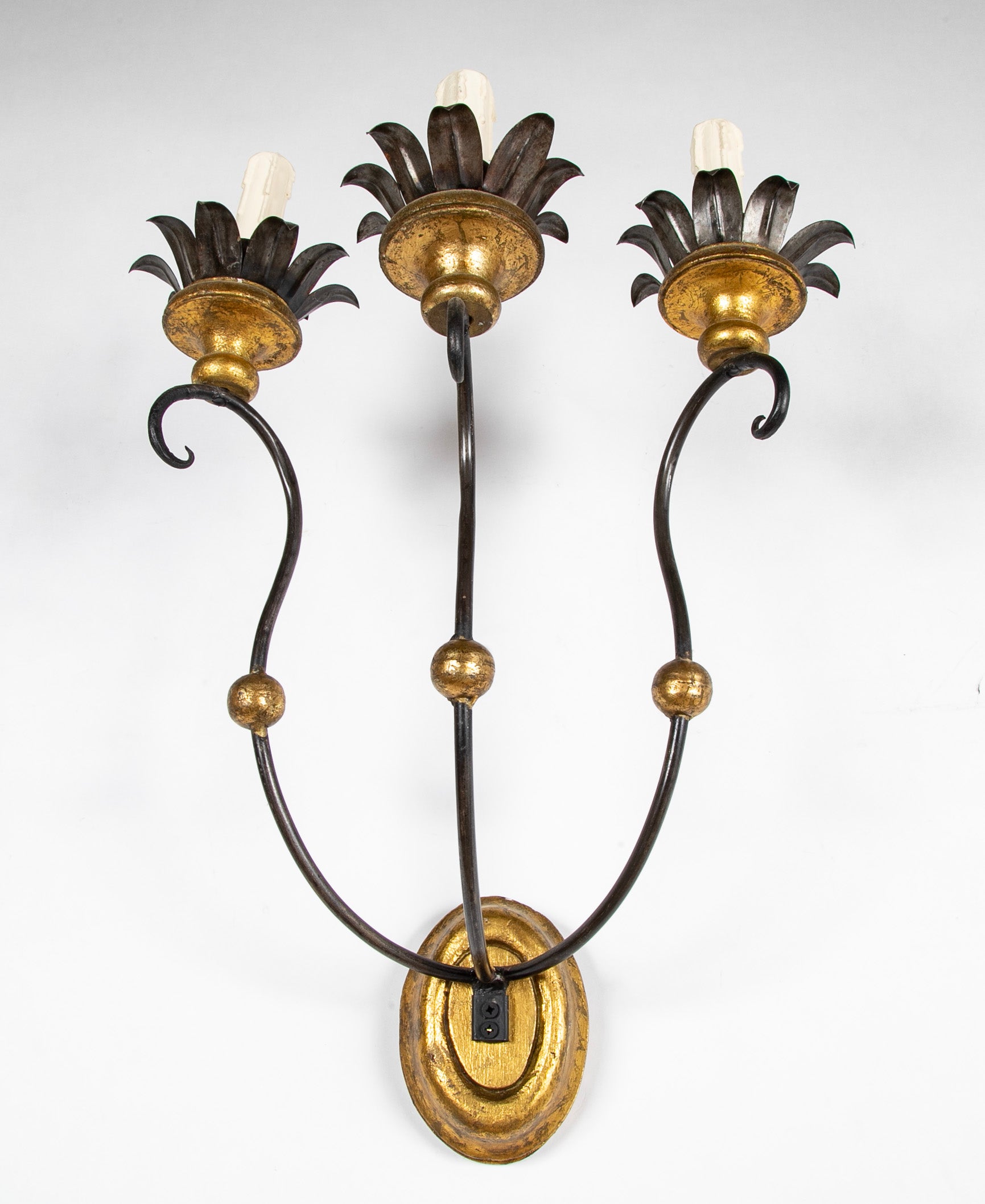 Set of Eight of Italian Iron Tole and Gilt Wood Sconces Priced per Pair