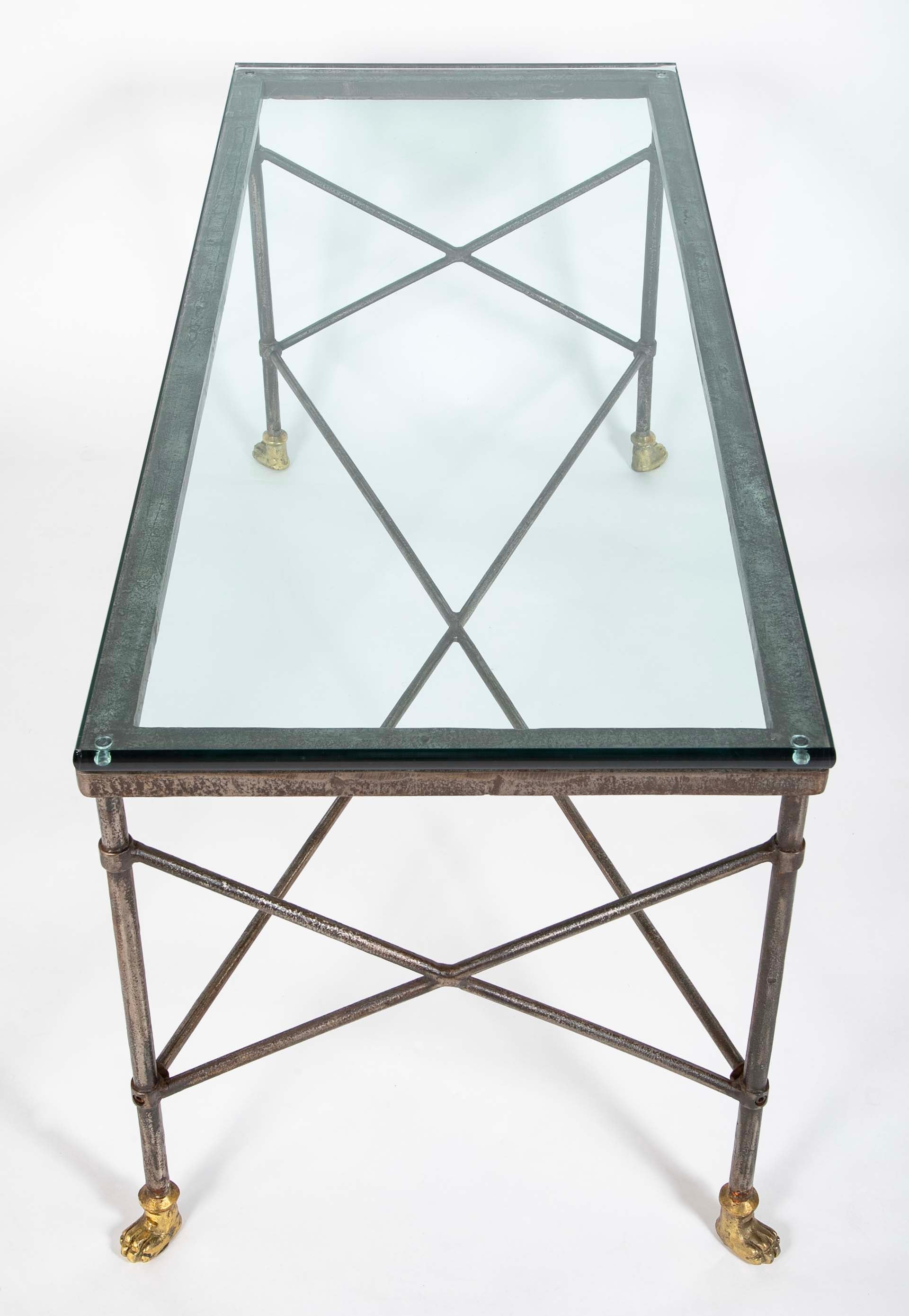 Pair of Wrought Iron & Bronze Tables with Beveled Glass Tops
