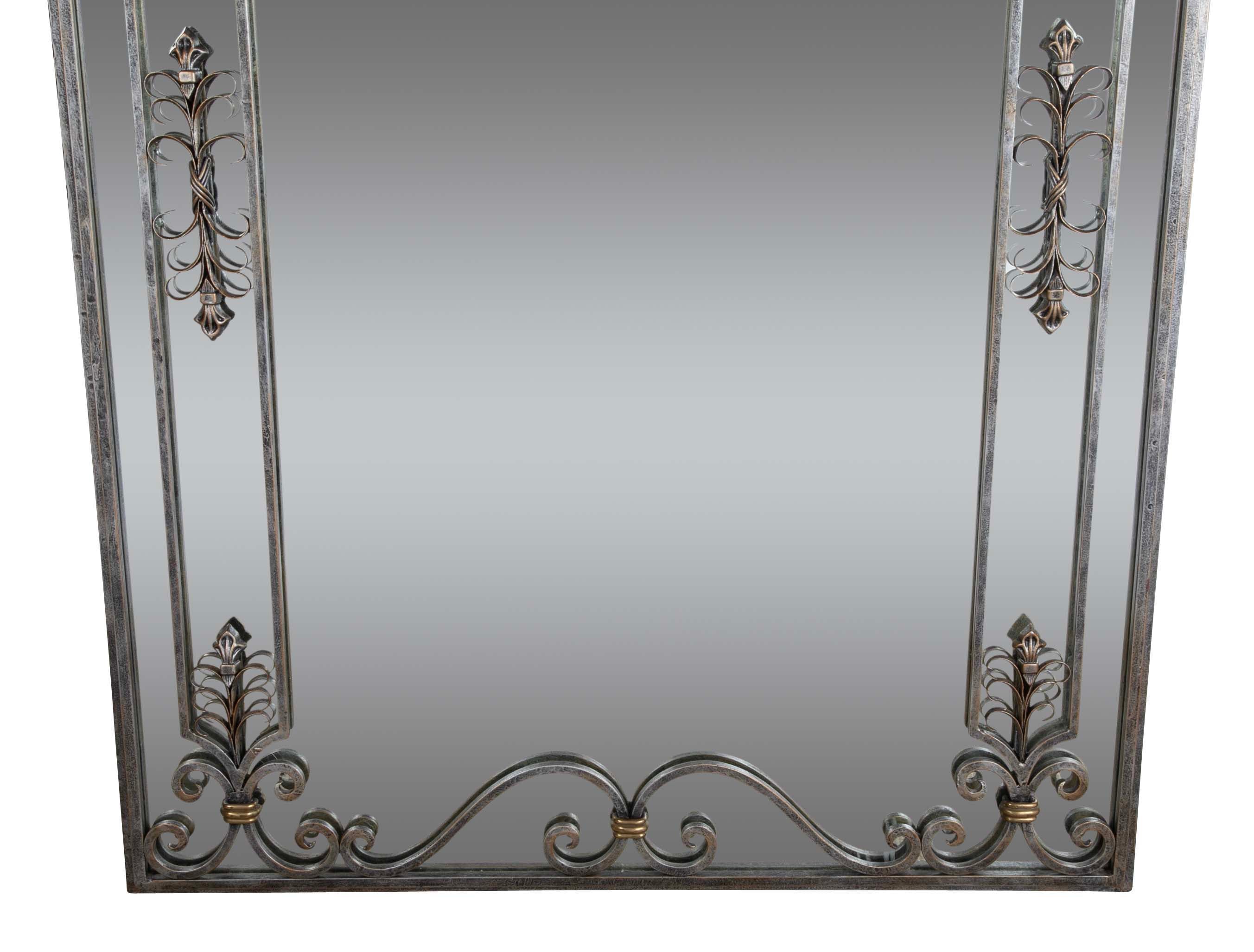 Large French Wrought Iron Mirror with Brass Accents