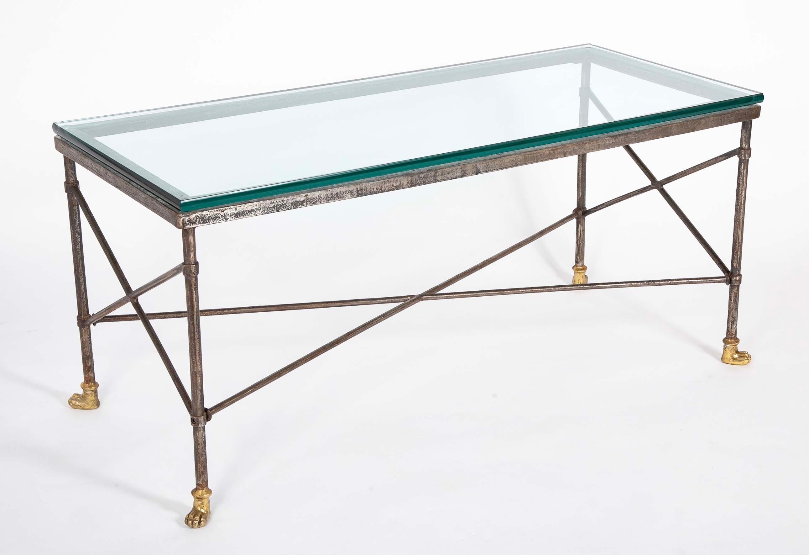 Pair of Wrought Iron & Bronze Tables with Beveled Glass Tops