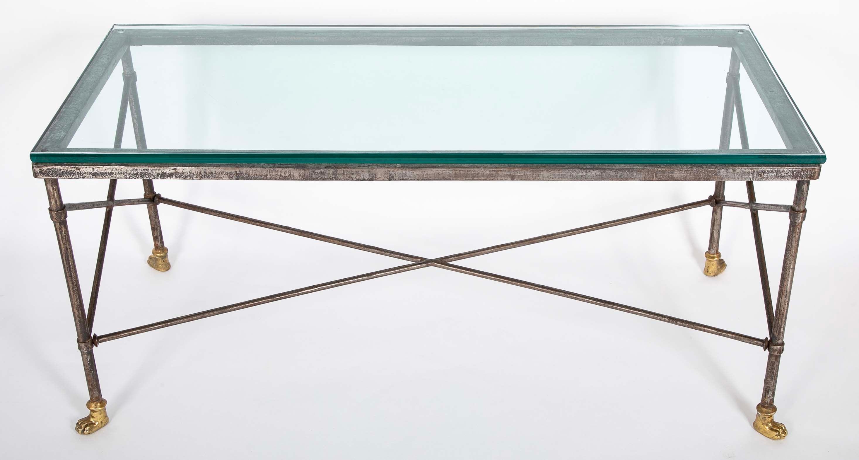 Pair of Wrought Iron & Bronze Tables with Beveled Glass Tops