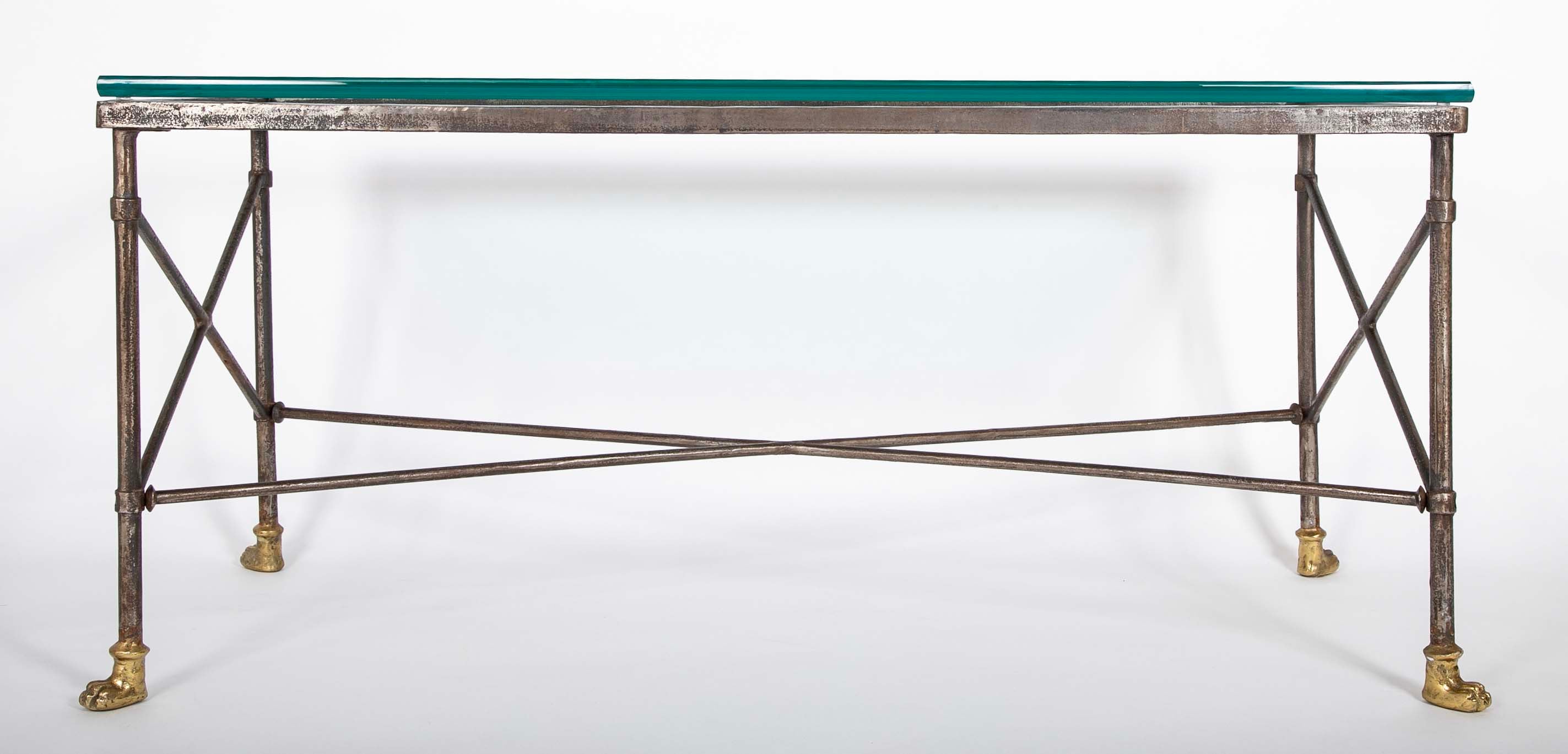 Pair of Wrought Iron & Bronze Tables with Beveled Glass Tops
