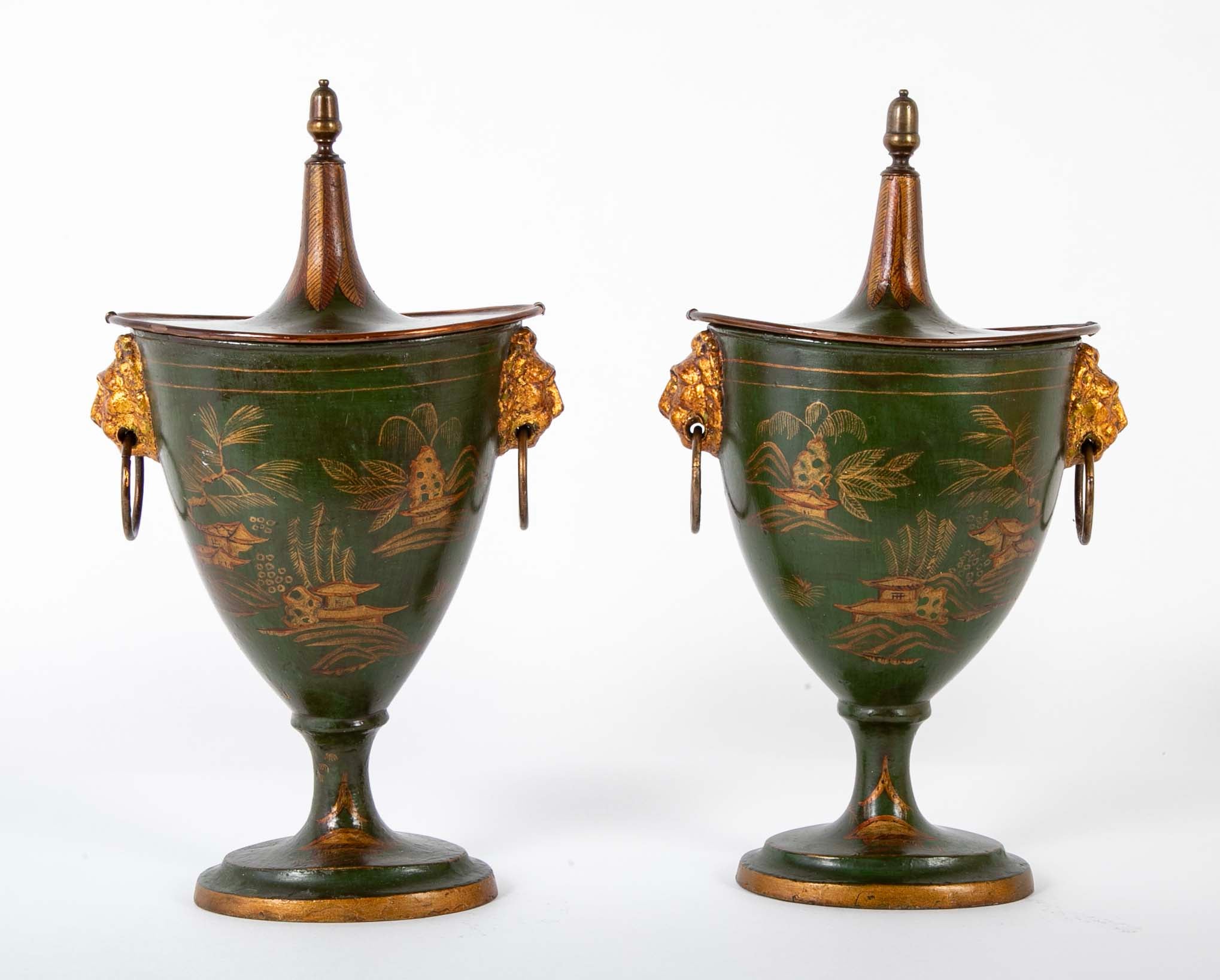 Pair of English Regency Painted Tole Chestnut Urns