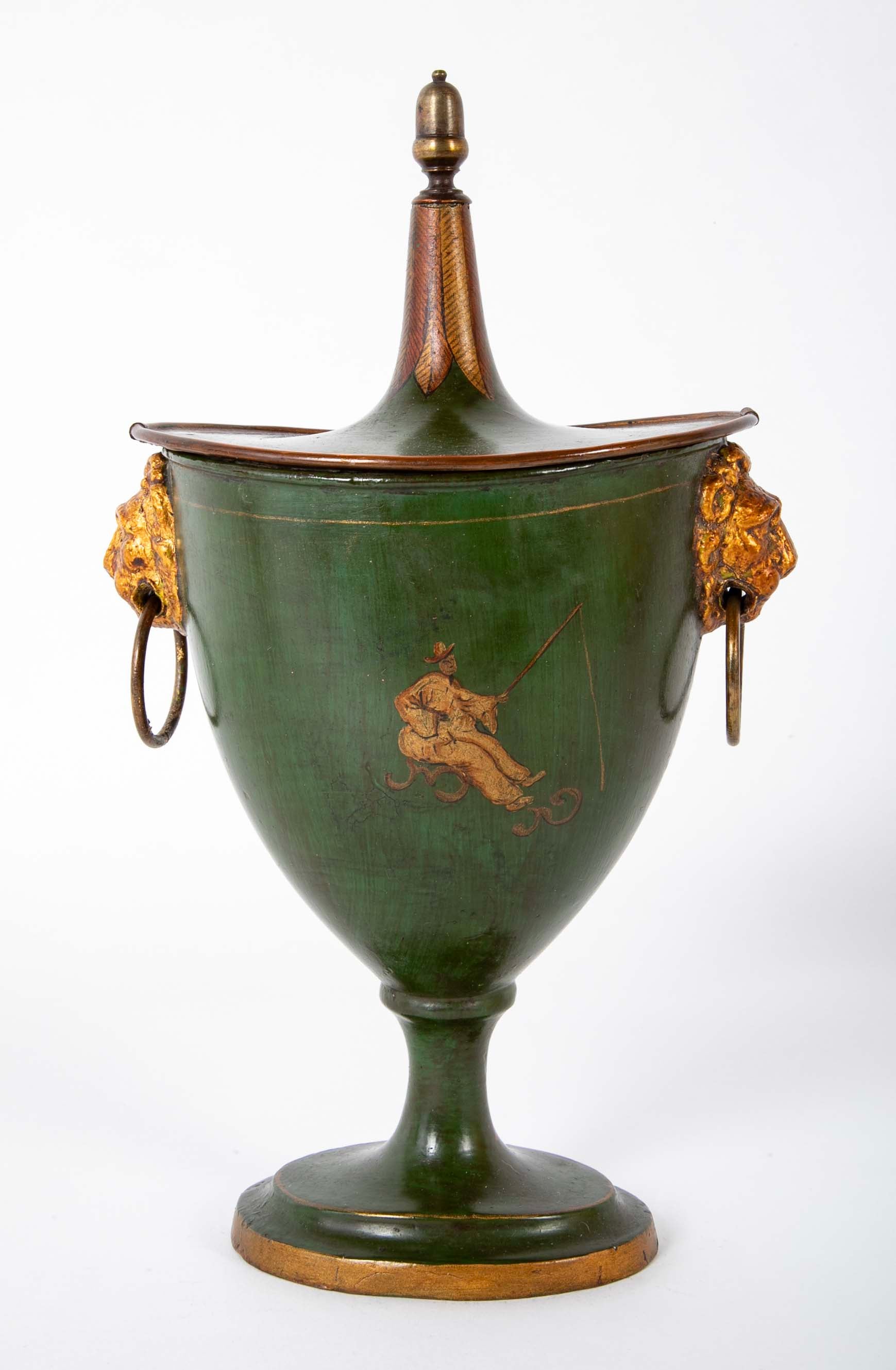 Pair of English Regency Painted Tole Chestnut Urns