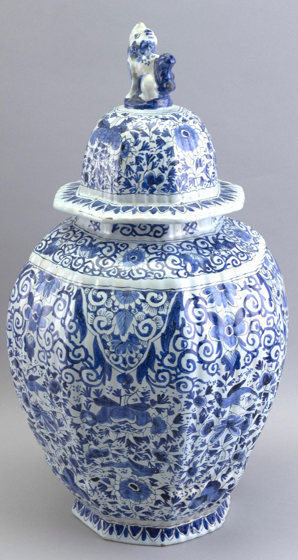 Dutch Delft Blue and White Lidded Jar with Lion Finial