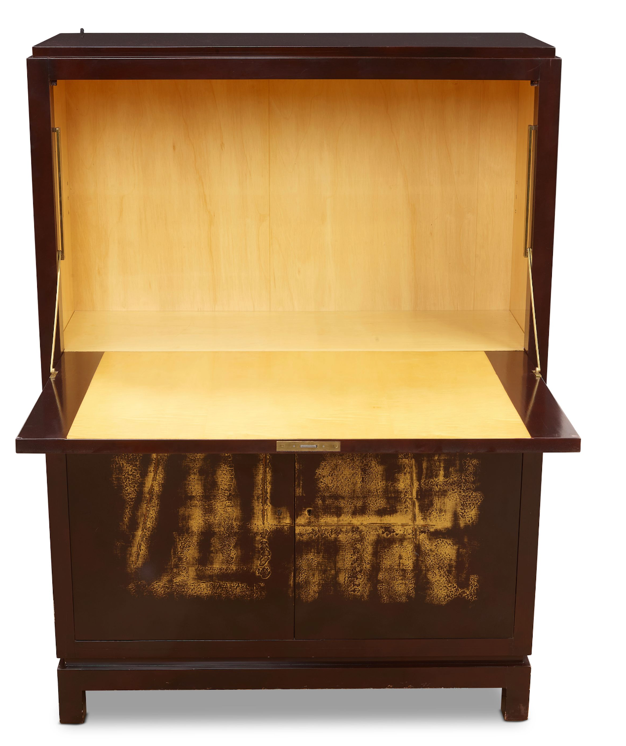 Jacques Adnet Lacquered Cabinet with Abstract Gilt and Inlaid Design
