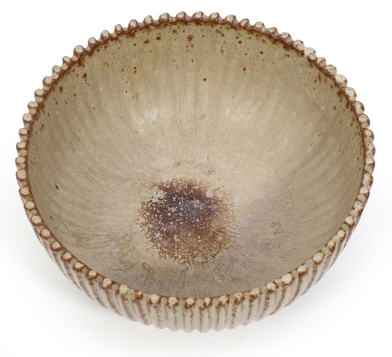 Arne Bang Round Stoneware Bowl with Vertical Incised Relief Decor