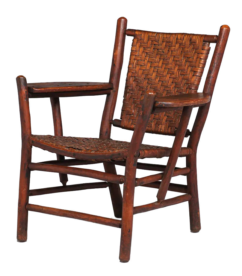 Old Hickory Adirondack Armchair, Hickory Wood with Woven Leather Seat and Back, Rustic Style, Unsigned, circa 1910