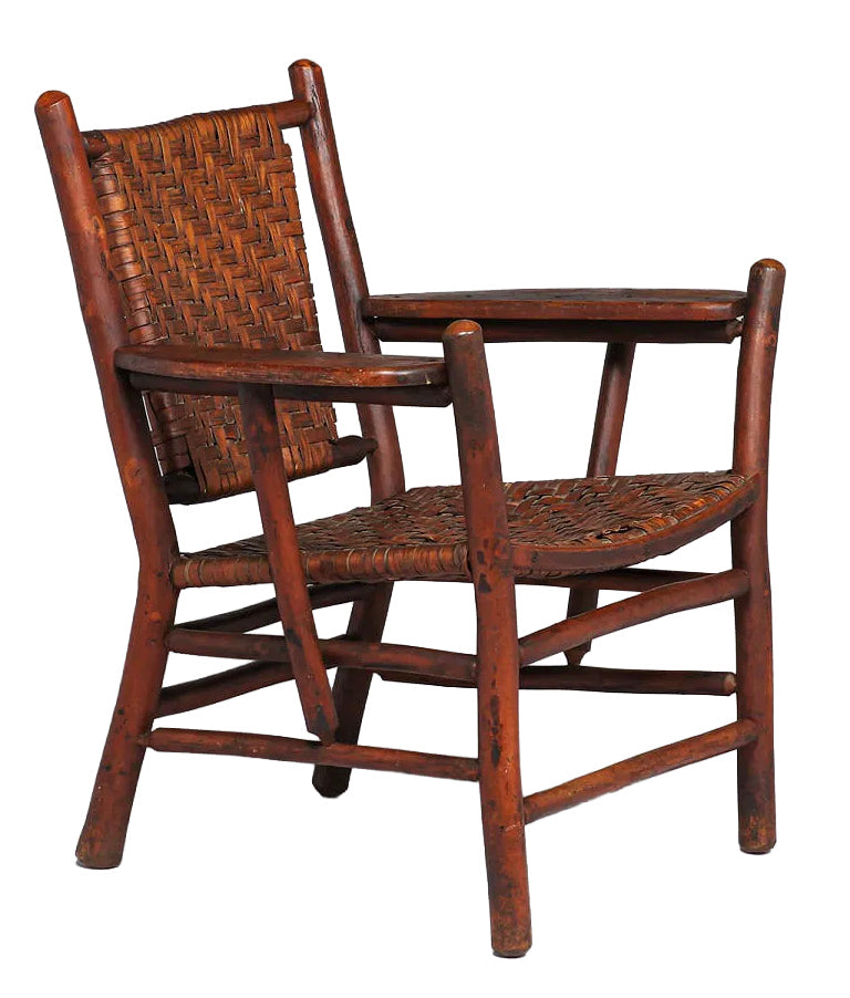 Old Hickory Adirondack Armchair, Hickory Wood with Woven Leather Seat and Back, Rustic Style, Unsigned, circa 1910