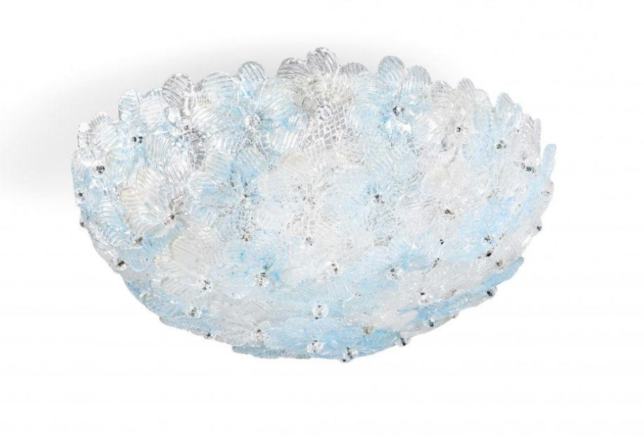 Seguso flush mount floral glass fixture in blue and clear glass.