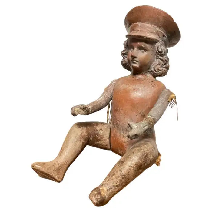 Mexican Terracotta Articulated Doll Figure Wearing a Military Hat