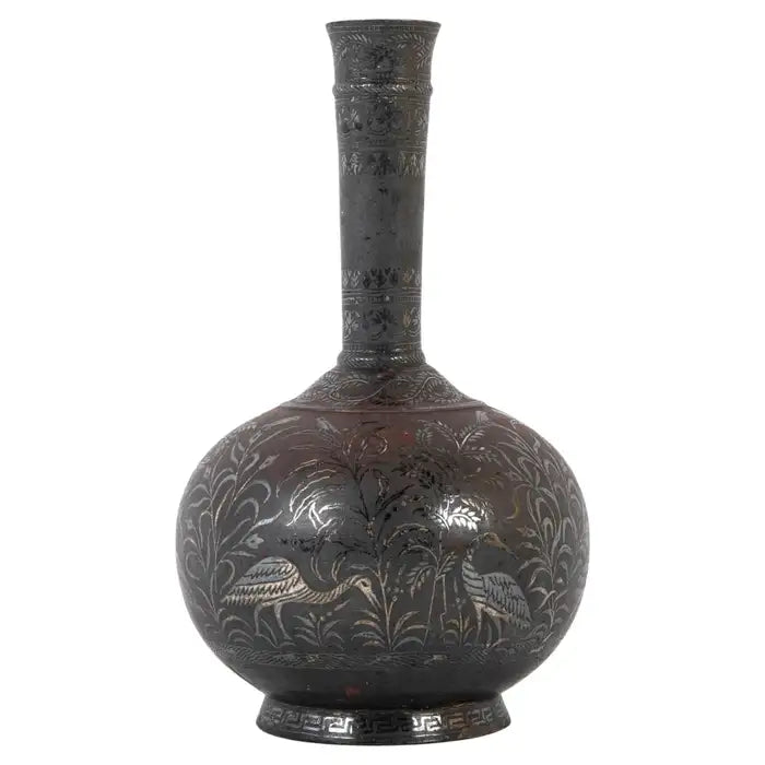 Indian Silver Inlaid Bidri Hookah Base Vase