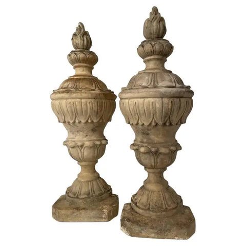 Pair 19th Century Neoclassical Style Italian Plaster Urns with Flame Finials