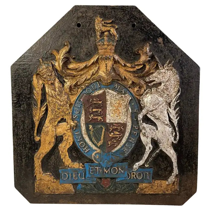 19th Century Gilt and Painted Cast Iron English Victorian Royal Coat of Arms