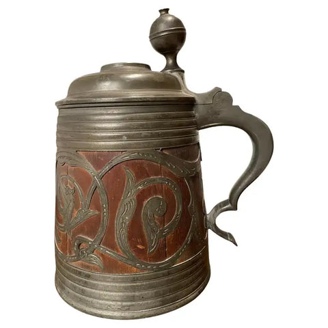 19th Century Swedish Oak and Pewter Tankard With King Carl XV Coin