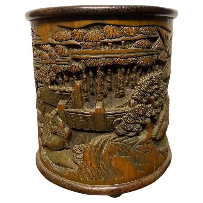 Chinese Bamboo Calligraphy Brush Holder Carved with Scholars in a Garden