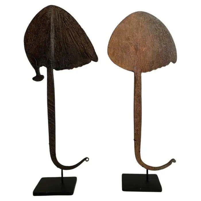Pair of African Iron Bandaka Hoe Currency, Mounted on Custom Steel Bases