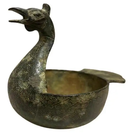 Chinese Archaistic Duck Form Dish with Incised Decoration Verdigis Patina
