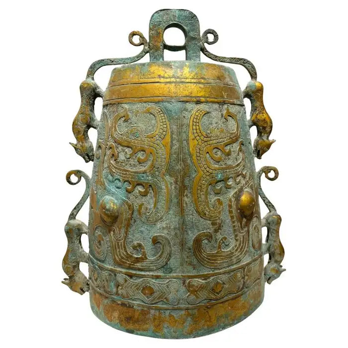 Archaistic Zhou Dynasty Style Gilt Bronze Bell with Verdigris Patina