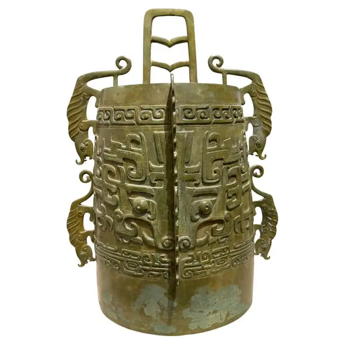 Chinese Archaistic Bronze Ritual Bell, Zhou Dynasty Style having Great Verdigris Patina