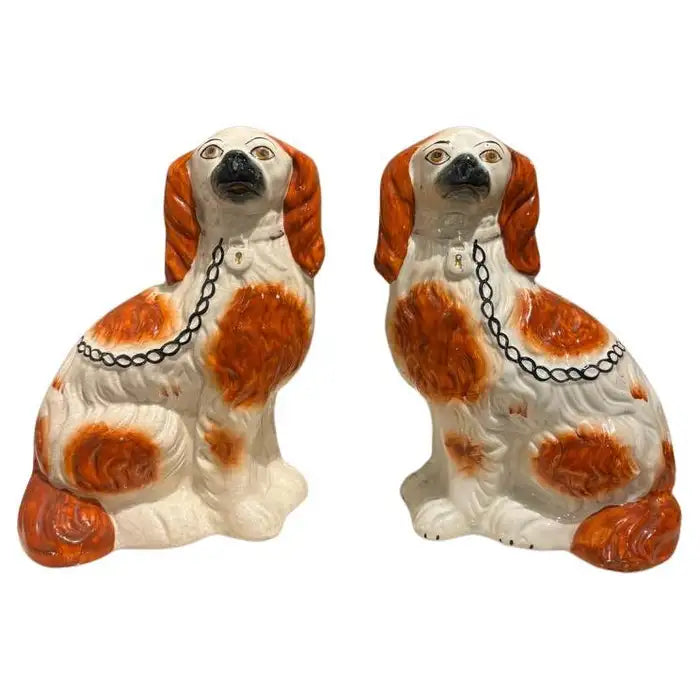 Pair of Antique English Staffordshire Glazed Ceramic Spaniels