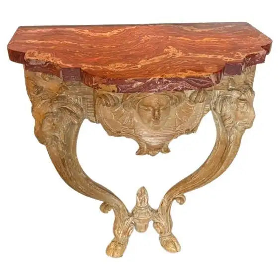 18th Century Italian Carved Rams Head Console Table With Scagliola Top