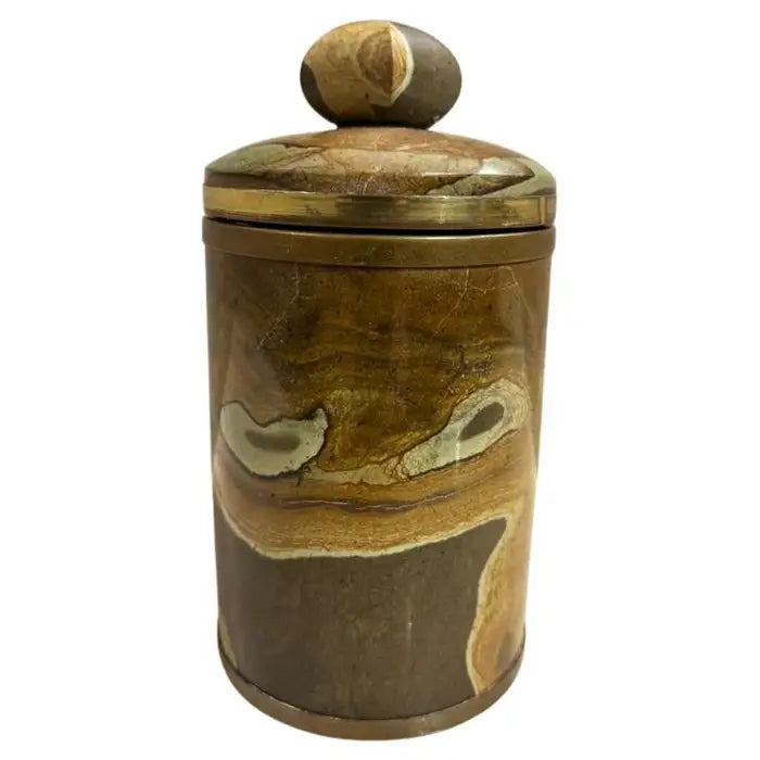 Italian Agate Hard Stone Round Box with Lid and Brass Mounts