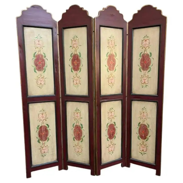 Italian Painted Four Panel Wood Screen Room Divider With Floral Decoration