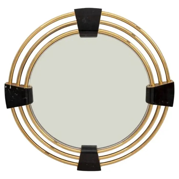 Large Art Deco Style Round Mirror with Black Marble Insets
