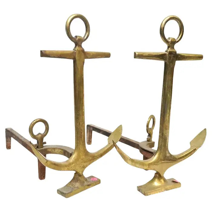 Pair of 1950's Brass Anchor Andirons