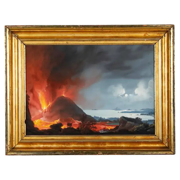 Italian Grand Tour Gouache of Mount Vesuvius Erupting at Night