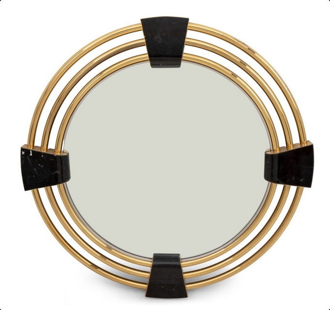 Large Art Deco Style Round Mirror with Black Marble Insets