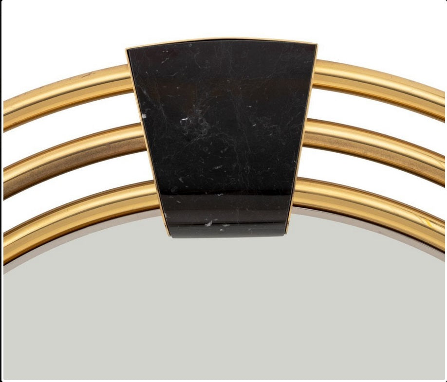 Large Art Deco Style Round Mirror with Black Marble Insets