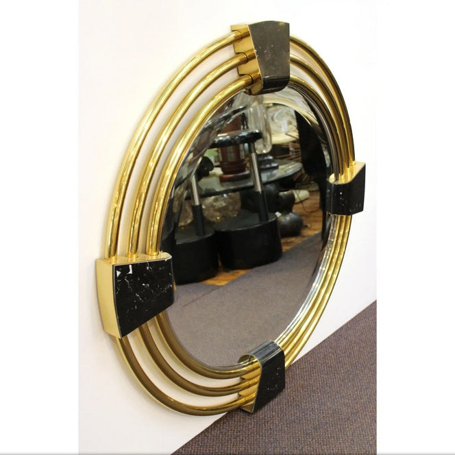 Large Art Deco Style Round Mirror with Black Marble Insets