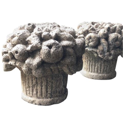 Pair of Early 20th Century English Composition Stone Fruit Basket Garden Ornaments