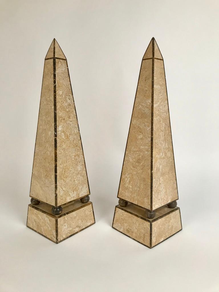 Pair of Obelisks with Travertine and Marble Veneer Attributed to Maitland Smith
