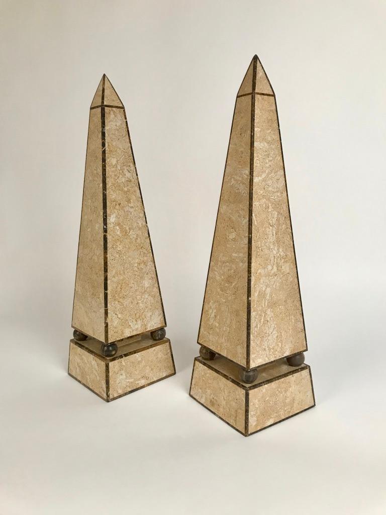 Pair of Obelisks with Travertine and Marble Veneer Attributed to Maitland Smith