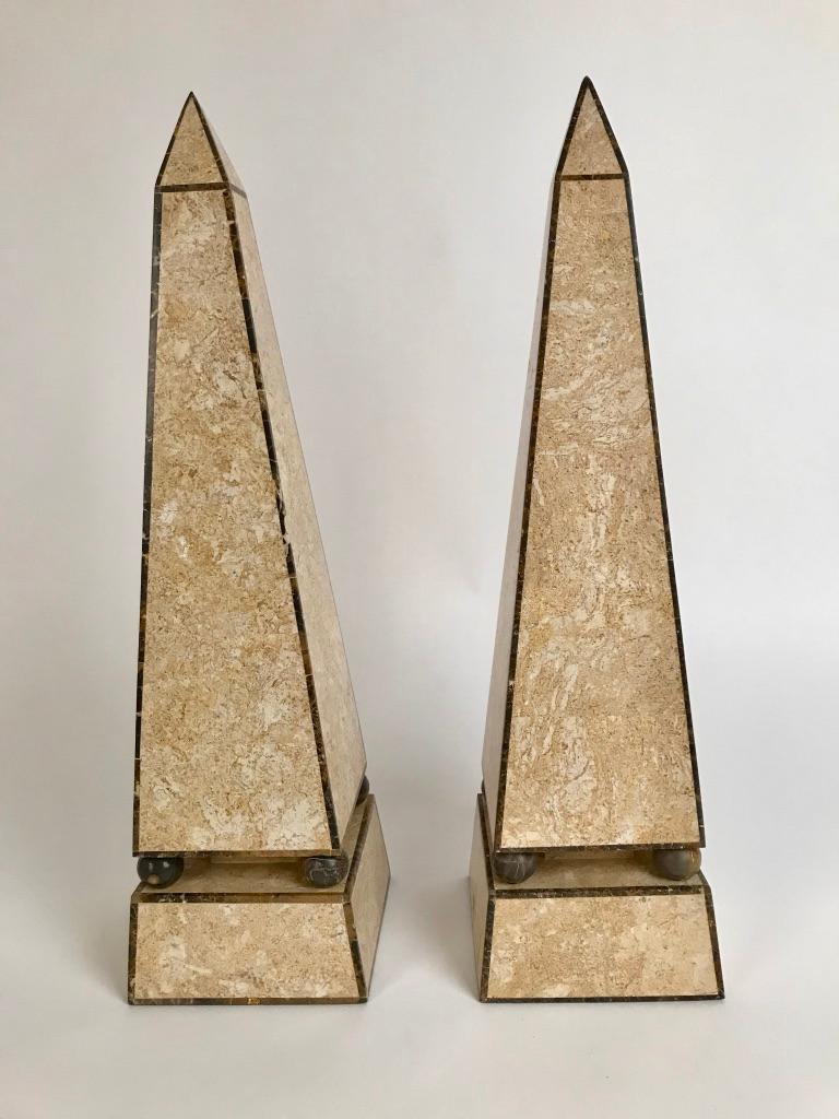 Pair of Obelisks with Travertine and Marble Veneer Attributed to Maitland Smith
