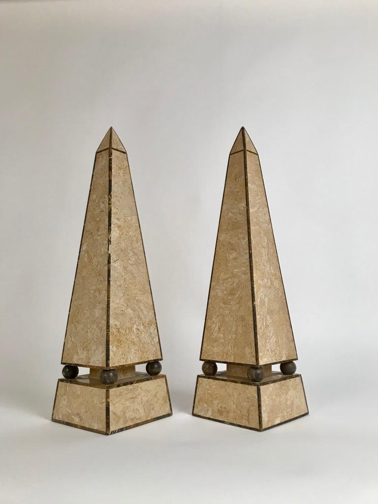 Pair of Obelisks with Travertine and Marble Veneer Attributed to Maitland Smith