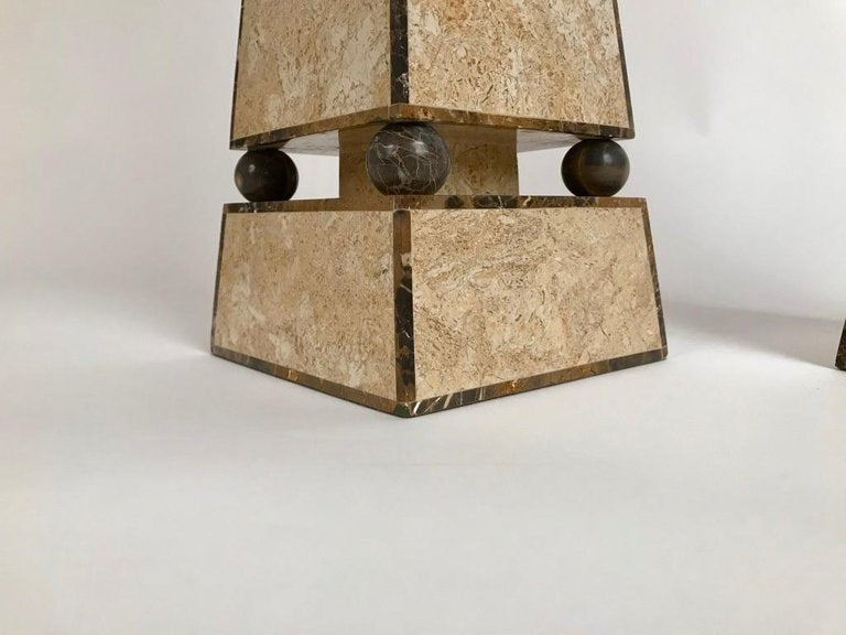 Pair of Obelisks with Travertine and Marble Veneer Attributed to Maitland Smith