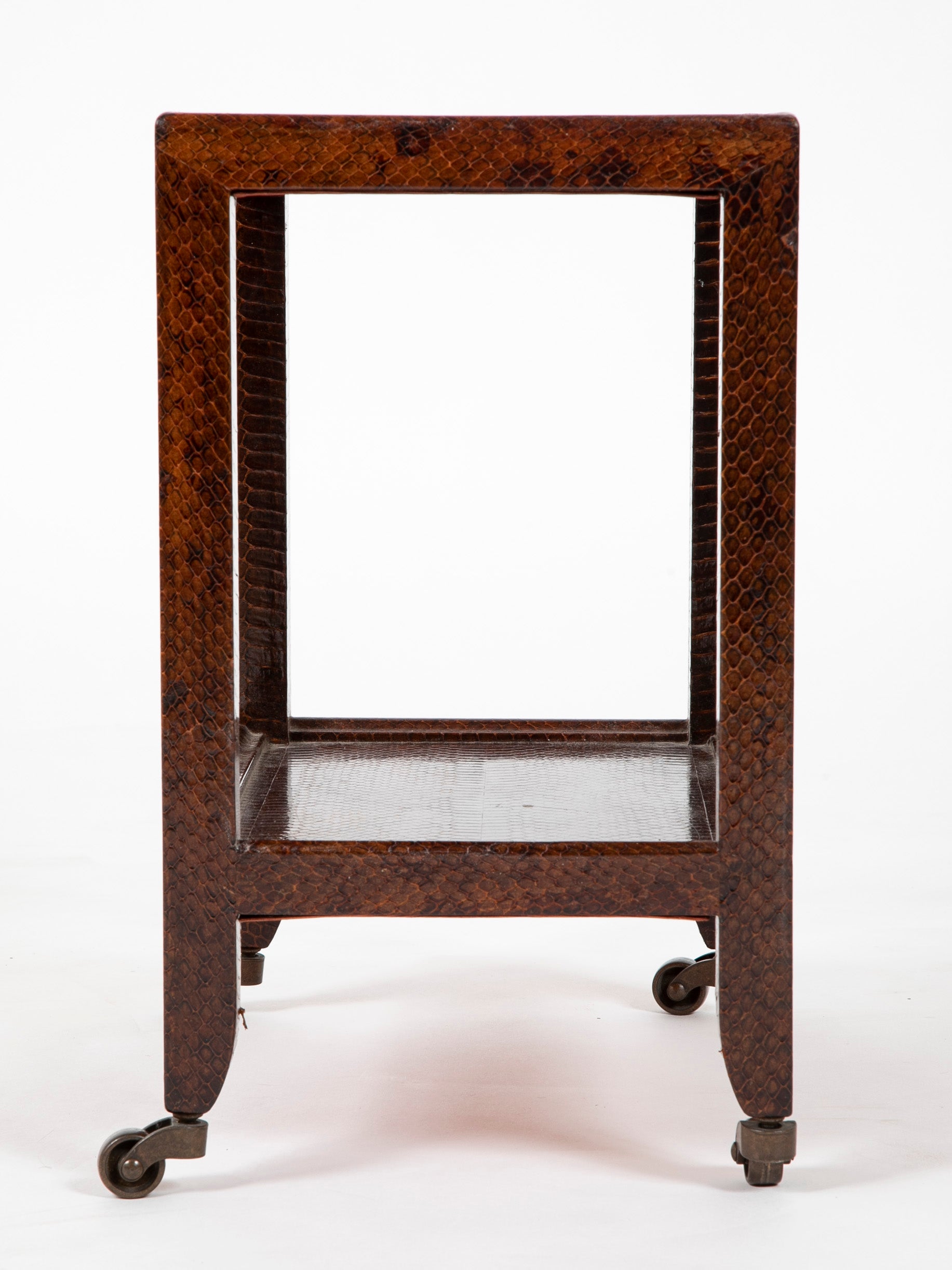 A Karl Springer Snake Skin Occasional 2 Tier Table on Wheels
