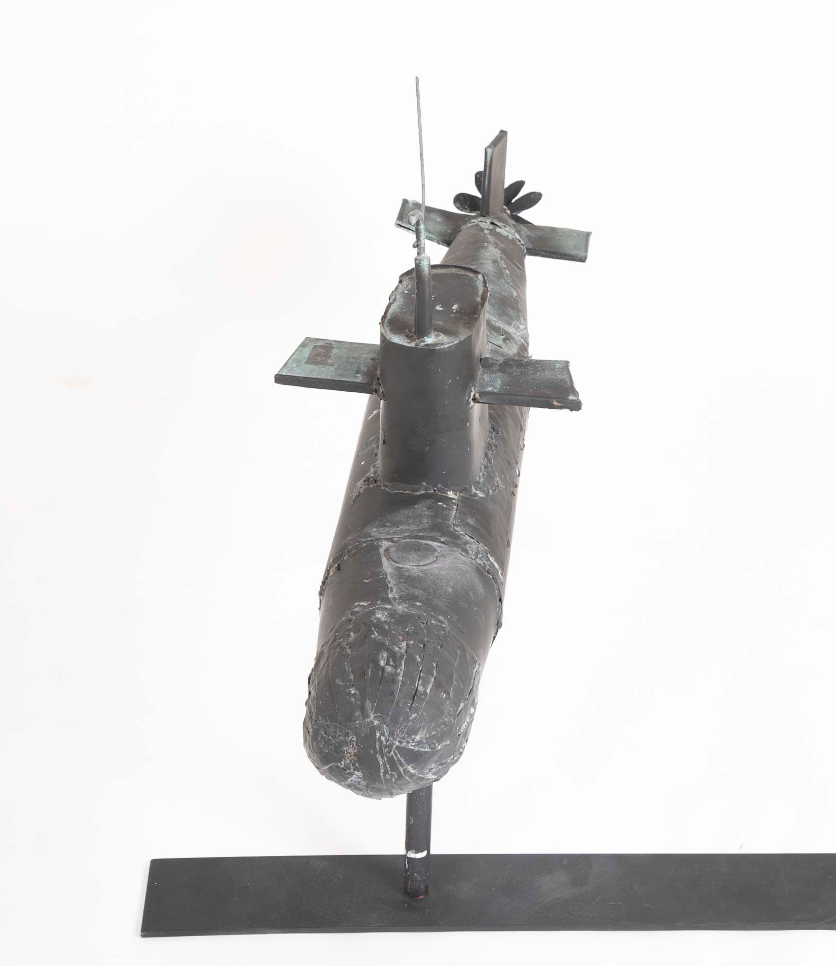 Very Unusual Copper Submarine Weathervane in Black Paint & Verdigris Finish