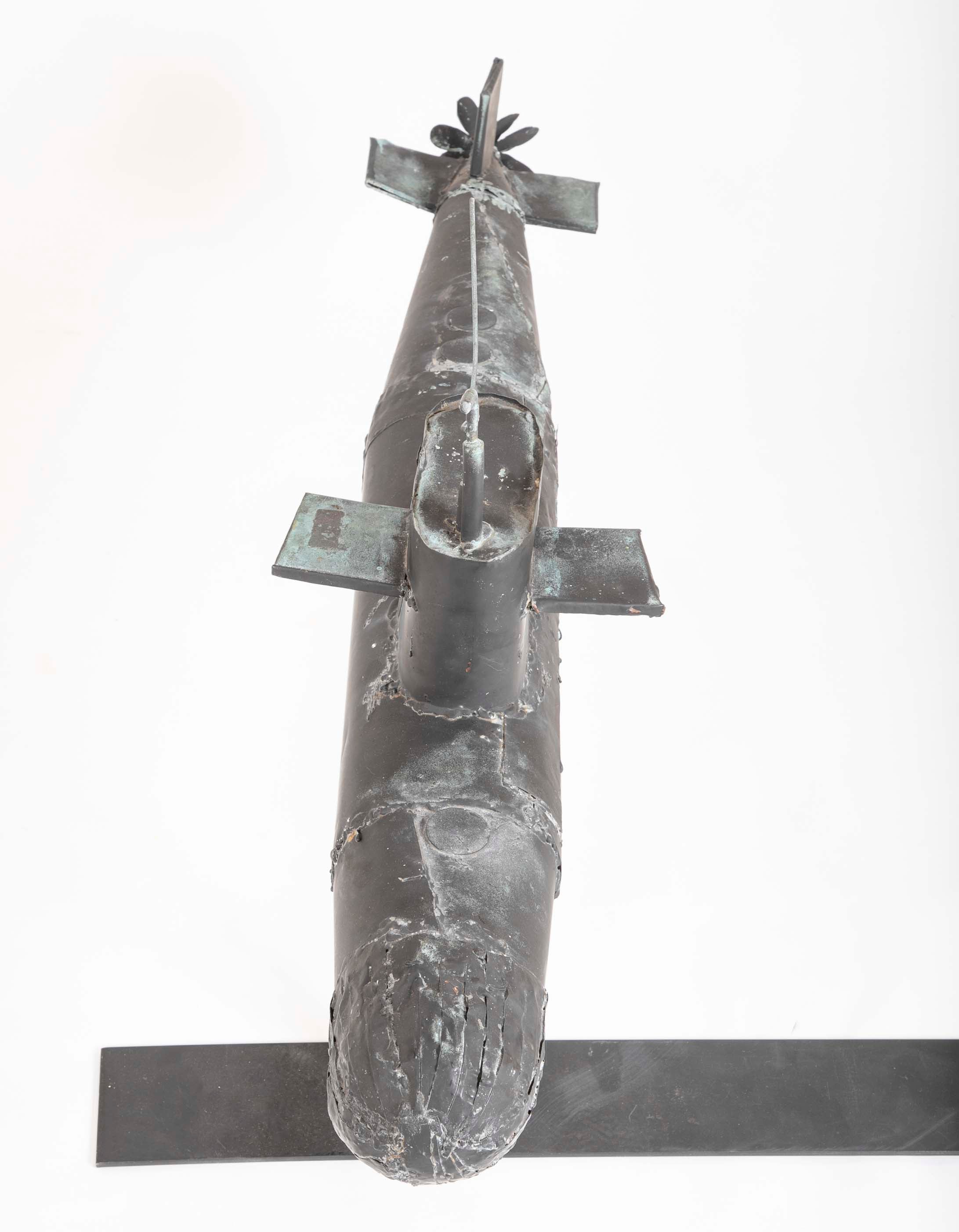 Very Unusual Copper Submarine Weathervane in Black Paint & Verdigris Finish