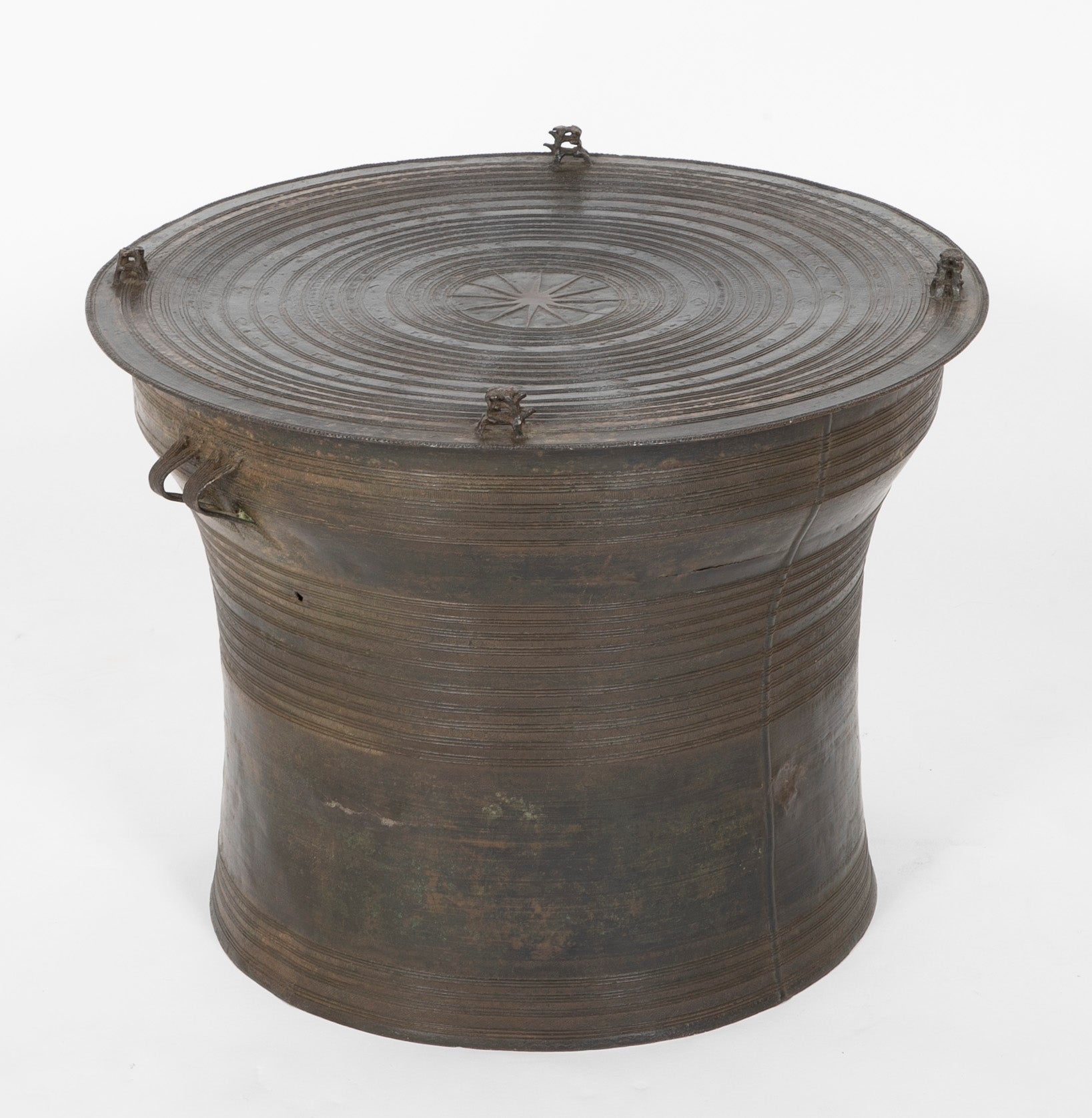 Southeast Asian Bronze Rain Drum with Triple Stacked Piggy-back Frogs & a Procession of Elephants