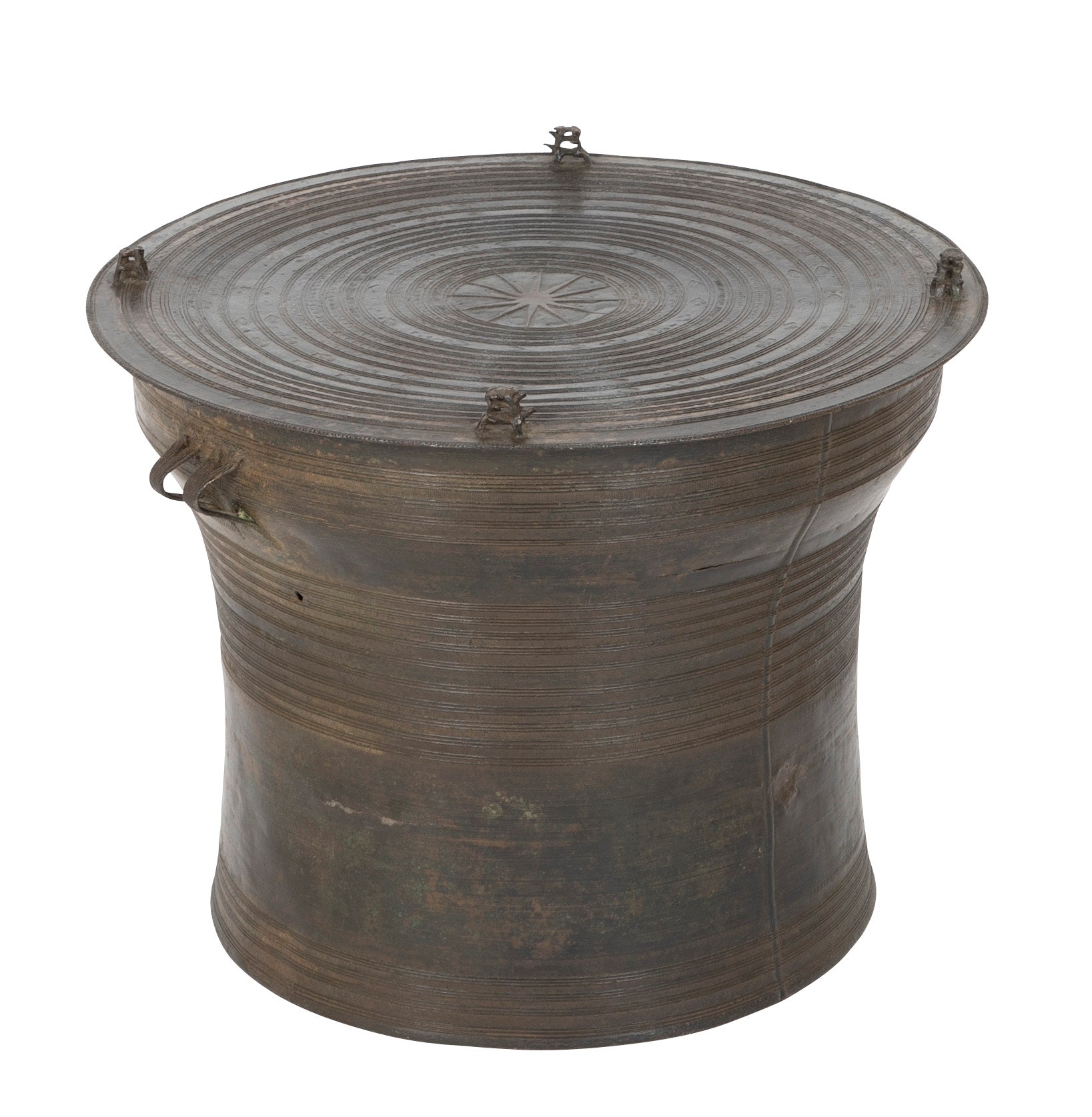 Southeast Asian Bronze Rain Drum with Triple Stacked Piggy-back Frogs & a Procession of Elephants